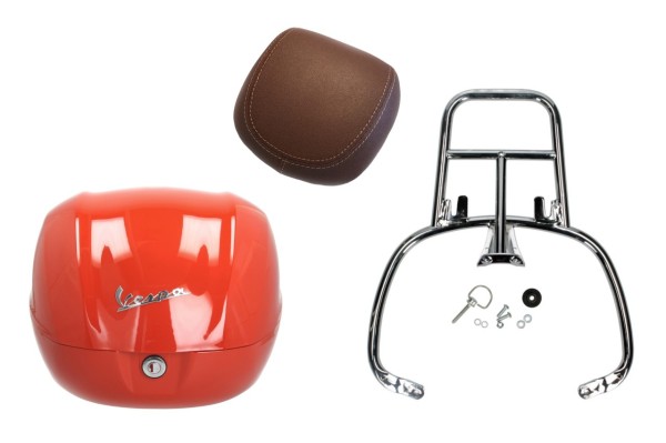 Topcase Kit 32L orange impulsivo (A11), back cushion dark brown, luggage rack chrome for Primavera